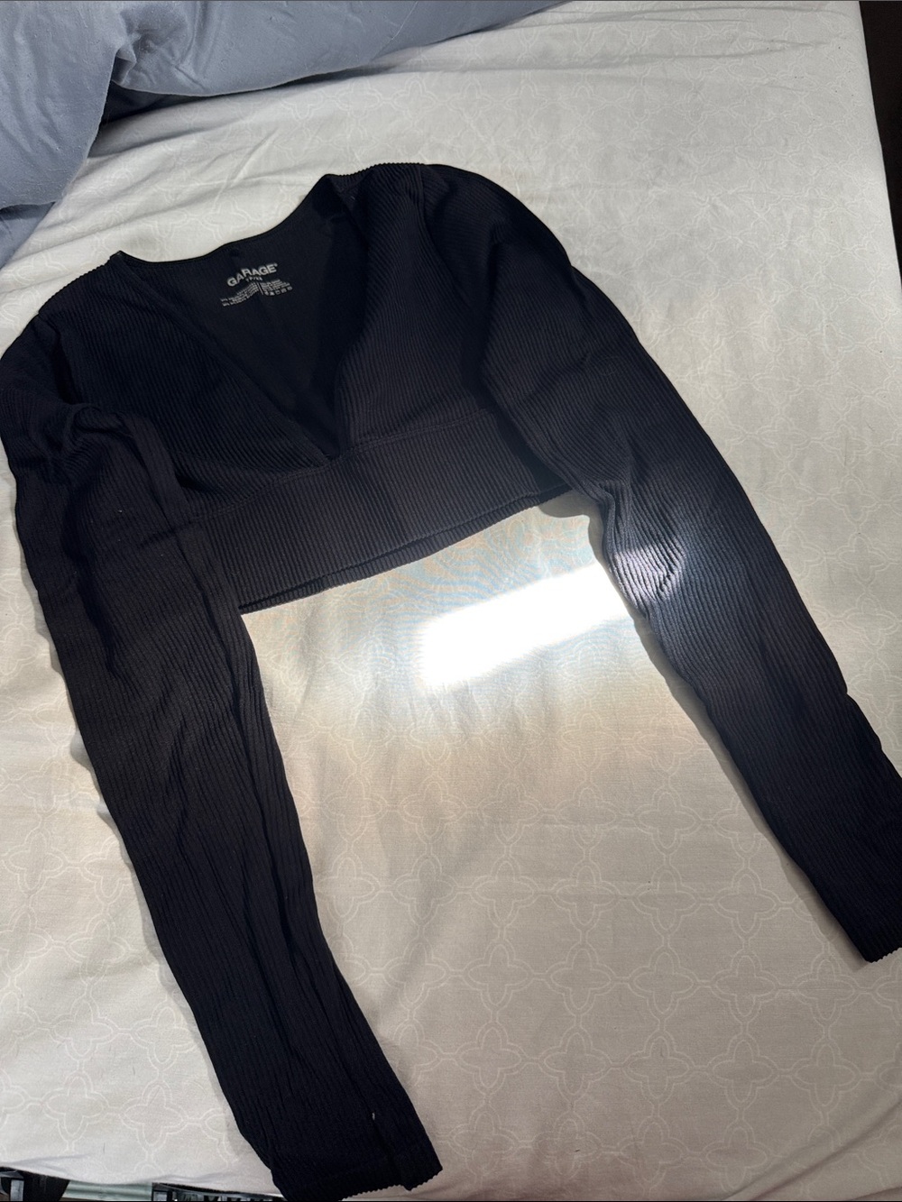 Garage Black Ribbed V-Neck Long Sleeve Crop